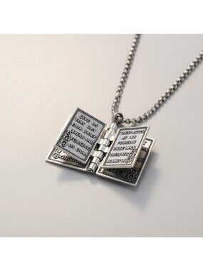 Bible Book Locket Pendant Necklace Silver Religious Rectangle 26in Jewelry